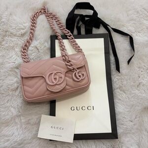 Pink Gucci Marmont mini bag with adjustable and detachable chain strap